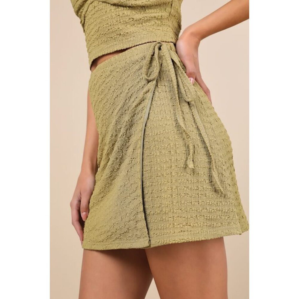 Lulus Luxe Cuteness Lime Green Textured Faux-wrap Mini Skirt - Size M